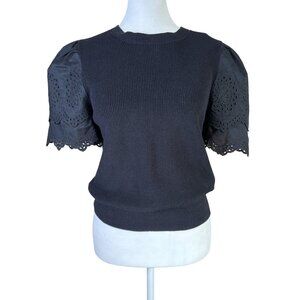 Paris Atelier & Other Stories Sweater Size Small Black Short Eyelet Puff Sleeves